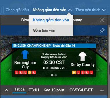 Linh hoạt chọn kèo hiển thị có gồm tiền vốn hay không tại KU Thể Thao